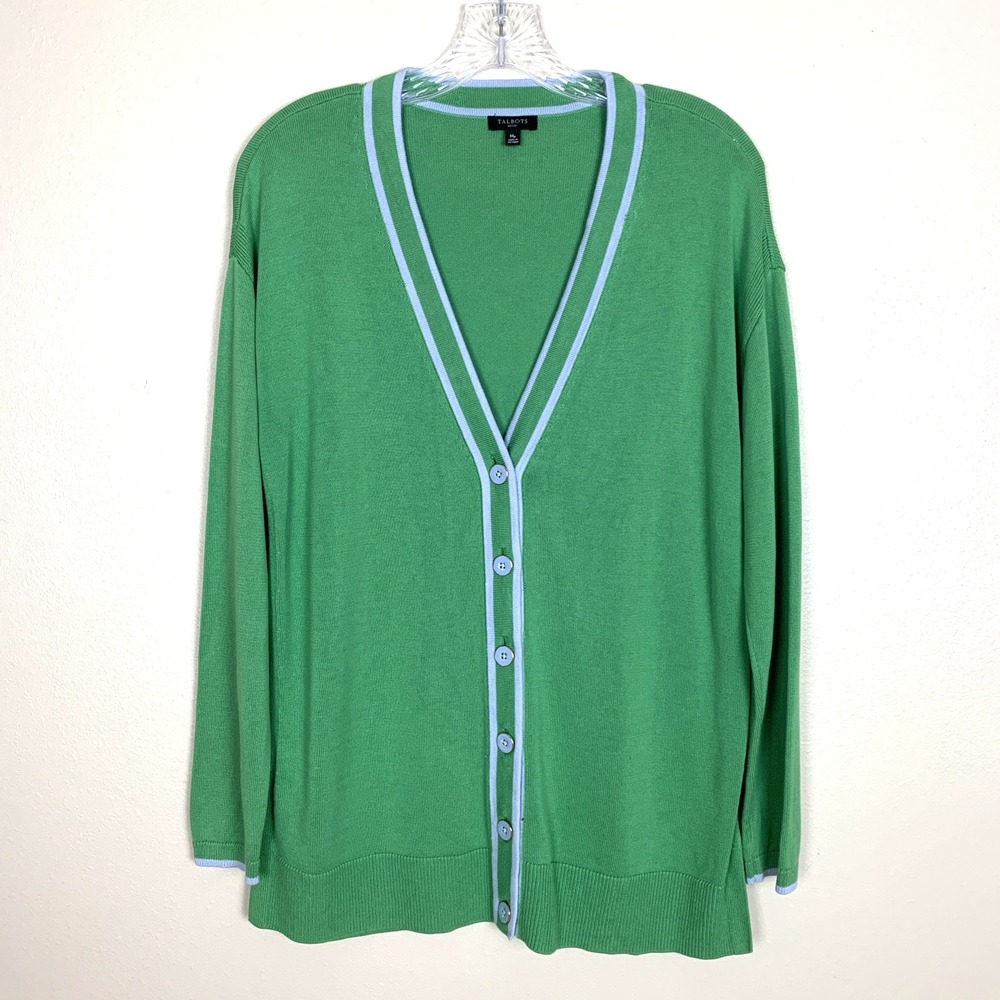 Talbots V Neck Cardigan Sweater Green Size M P Button Tennis Preppy Academia